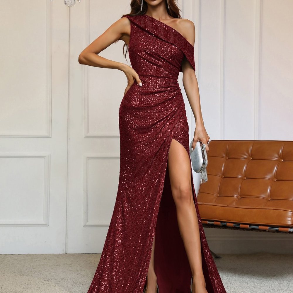 Brand New Asymmetrical Neck Ruched Wrap Hem Sequin Prom Dress Wind red